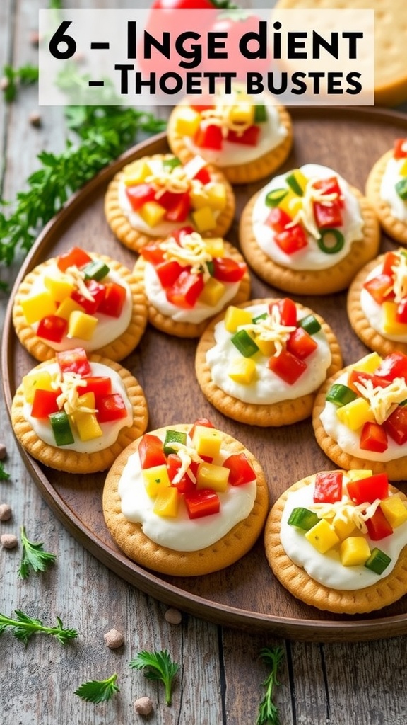 A platter of assorted 6-ingredient appetizers with cream cheese, vegetables, and cheese on crackers.